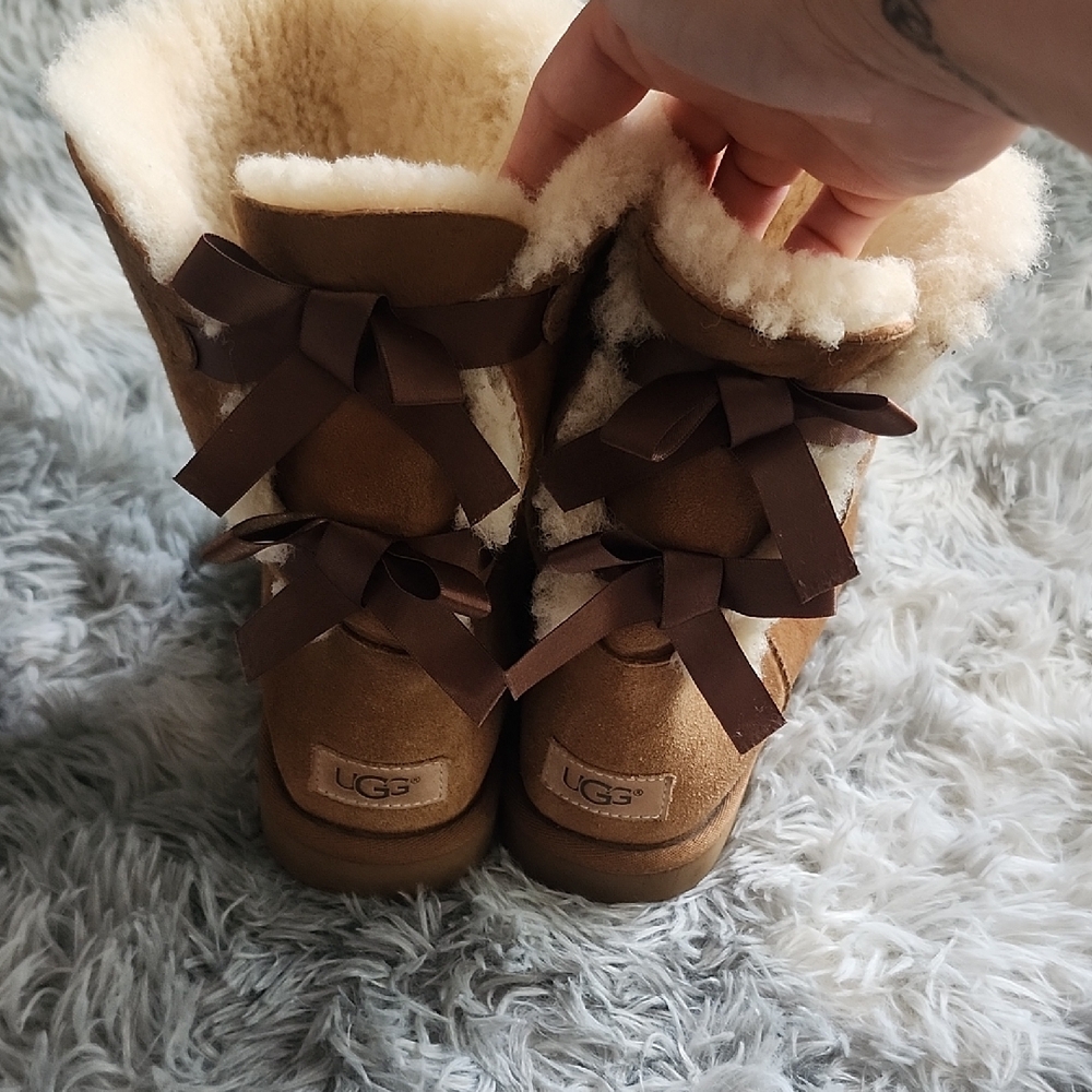 UGG Tan and Cream Shearling Boots with Bows